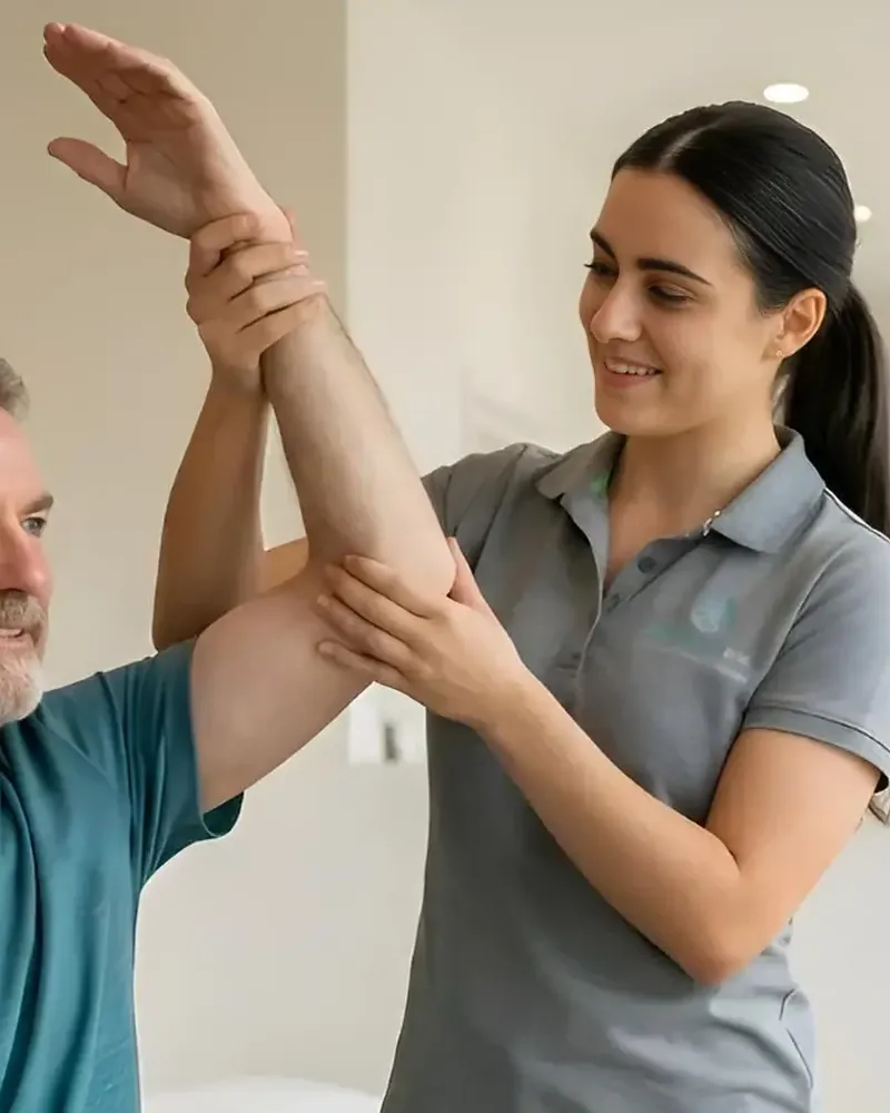 Therapist guiding a seated patient through an assisted shoulder stretch