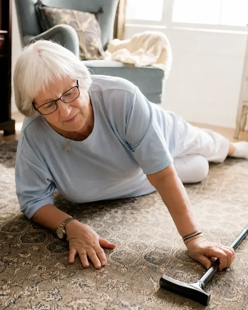 Older woman on the floor at home after a fall, her cane lying beside her