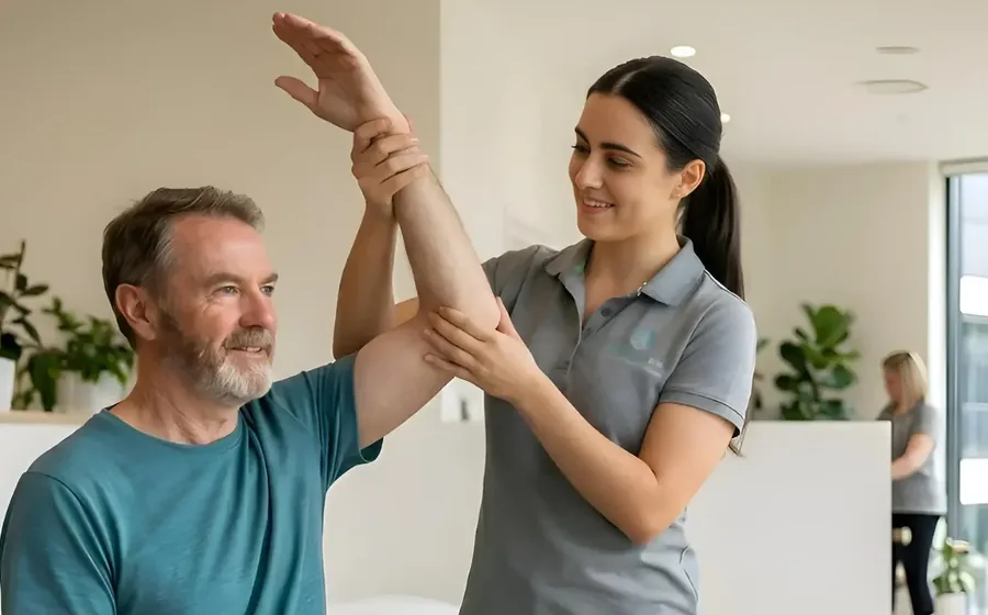 Therapist guiding a seated patient through an assisted shoulder stretch