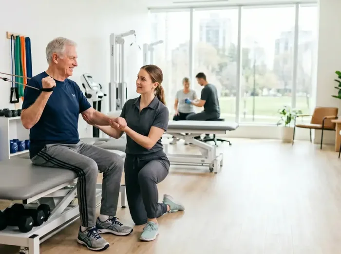 Older man pressing a resistance band overhead while a therapist spots him