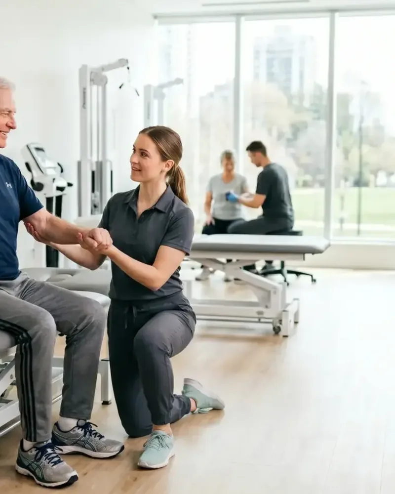 Older man pressing a resistance band overhead while a therapist spots him