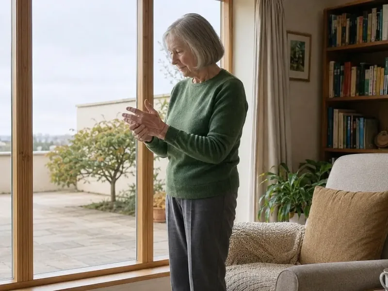 Older woman flexing her stiff, aching hands in a sunlit room