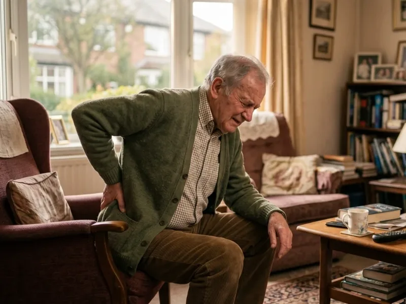 Older man wincing on a sofa with his hand pressed into his lower back