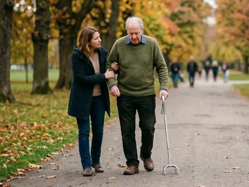 Older man walking with a cane on a park path with a helper at his side