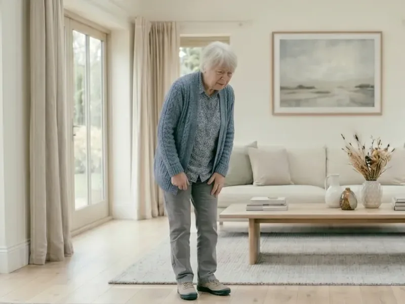Older woman standing hunched forward, bracing herself in her living room