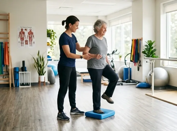 Therapist holding a patient's hands as she balances on a foam pad