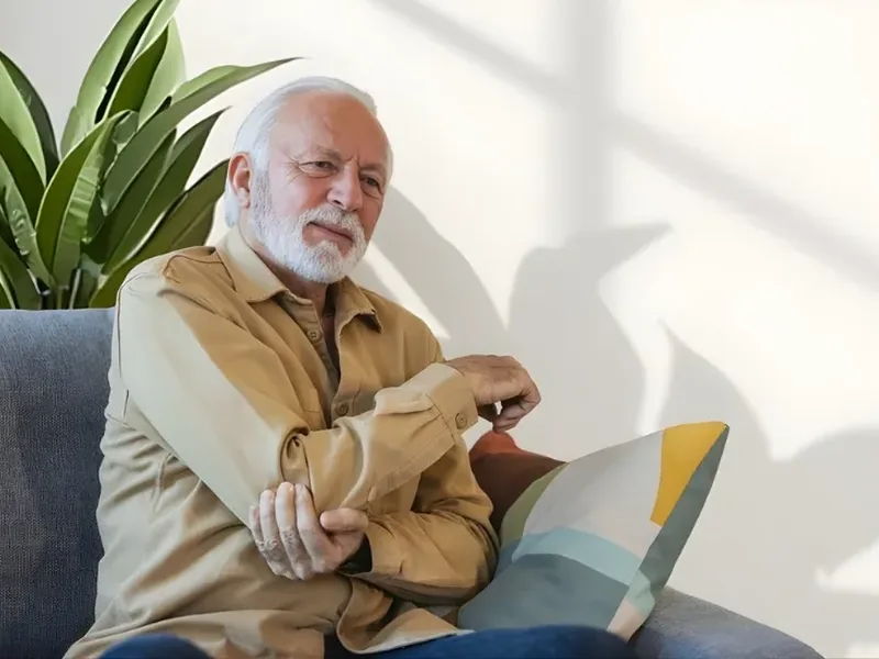 Older man cradling his sore forearm and elbow at home