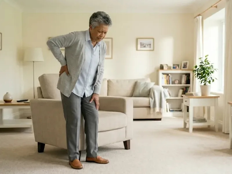 Grey-haired man holding his hip and lower back in his living room