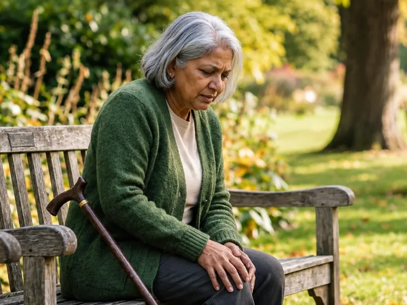 Older woman on a park bench with her cane, holding her sore knee