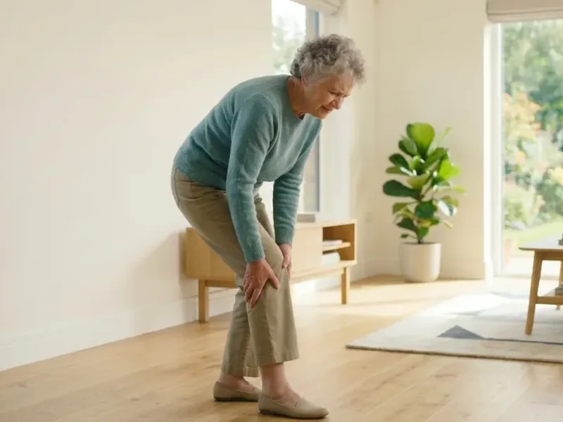Older woman bent forward holding her knee and shin