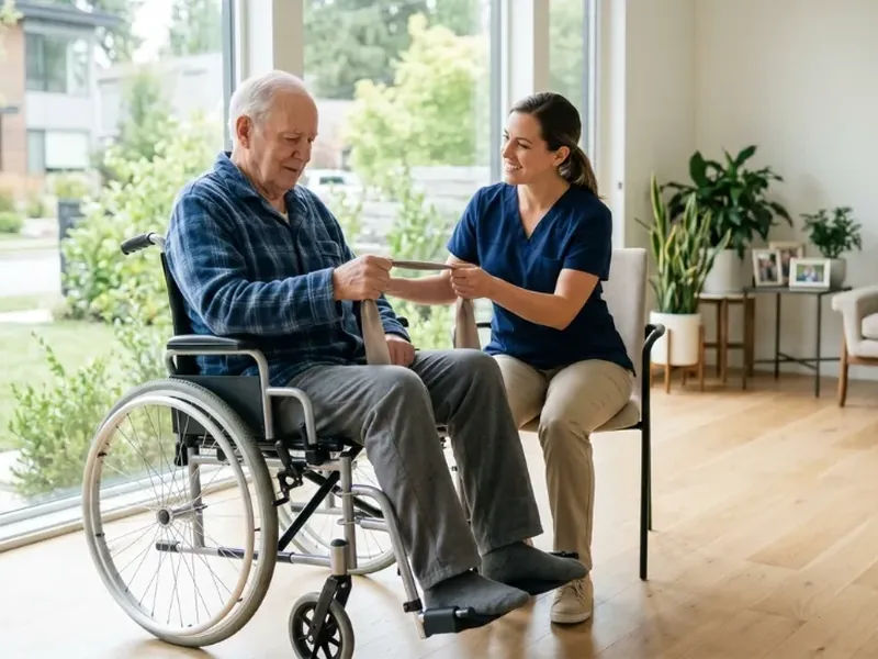 Caregiver in scrubs crouched in front of an older man in a wheelchair, holding both his hands