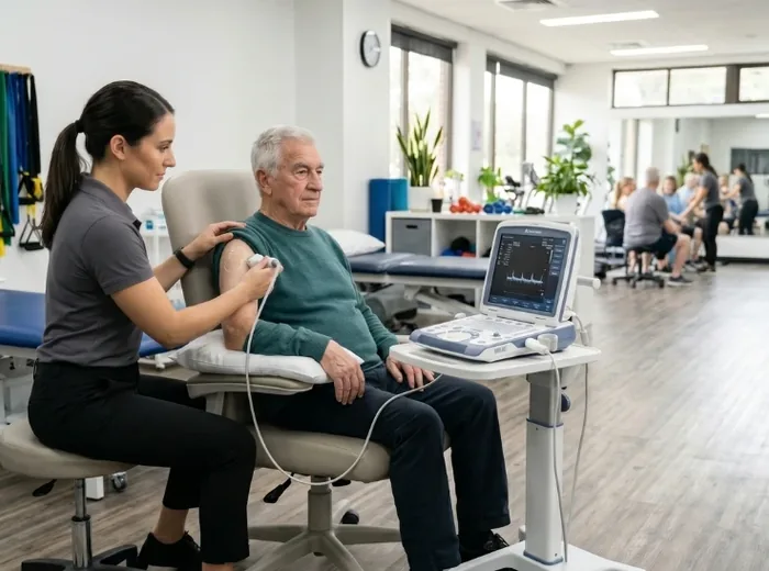 Therapist applying ultrasound therapy to an older man's shoulder
